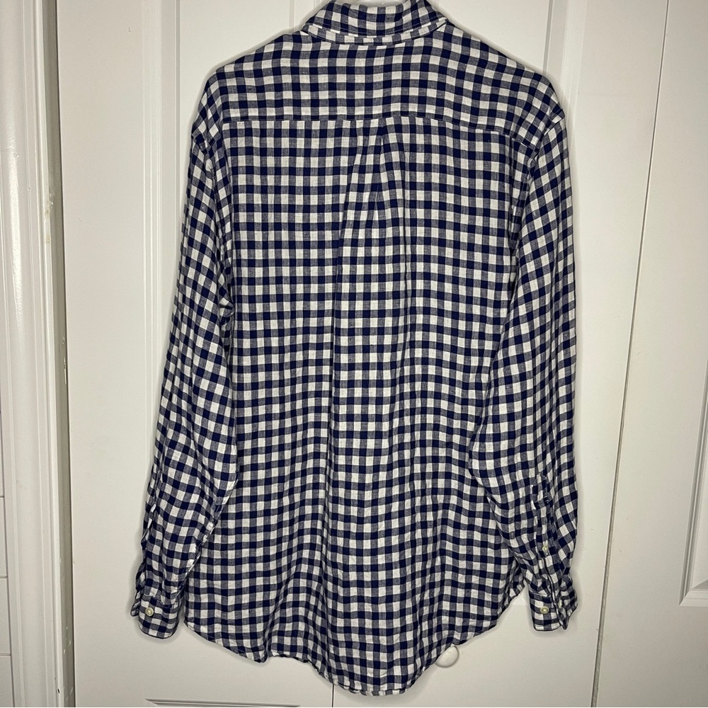 Brooks Brothers 346 Medium 100% Linen Navy Blue White Checkered Button Down EUC - Picture 5 of 7